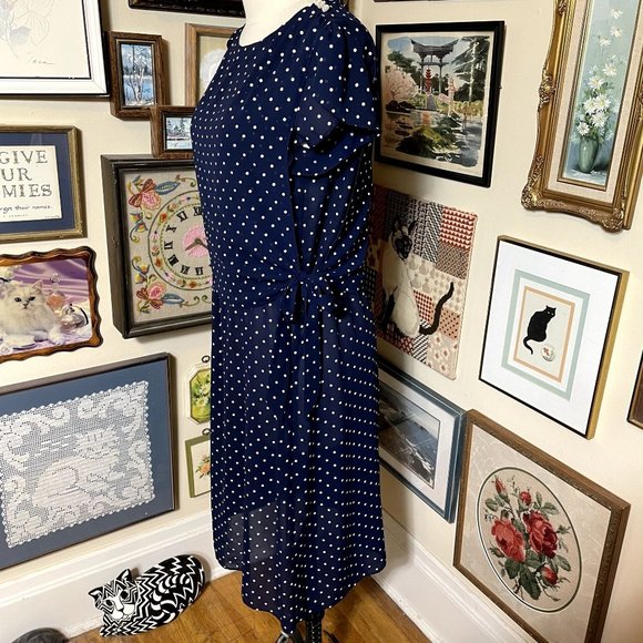 80s Vintage Navy Blue and White Scoop Neck Tulip Sleeve Dress with Side Ties XL - Picture 2 of 6
